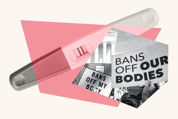 An illustrated collage of a pregnancy test and abortion protest signs