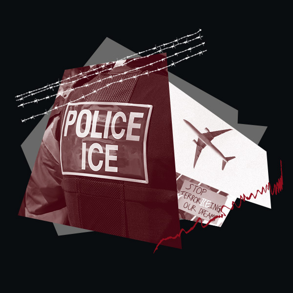 Deportation imagery with barbed wire, protesting, and an airplane.