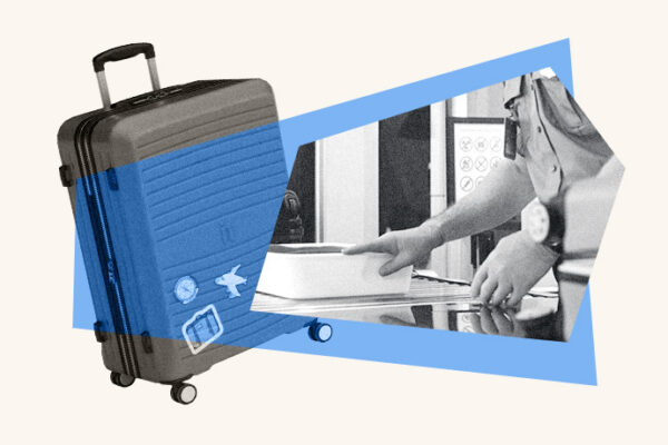 An illustrated collage of a suitcase and a TSA agent