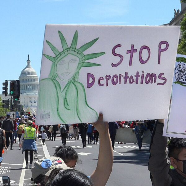WASHINGTON, DC - MAY 1, 2021: Marchers demanding the Biden administration make progress on immigration reform, head to a rally near the US Capitol. March began at Black Lives Matter Plaza.
