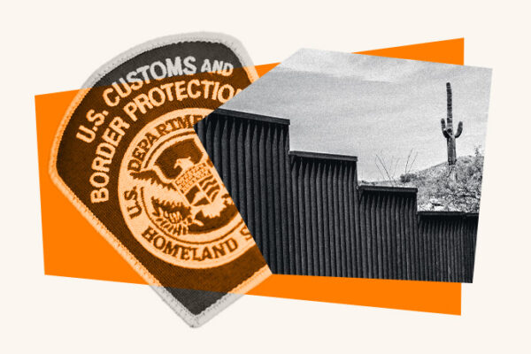 An illustrated collage of the US border wall with a US Customs and Border Protection badge