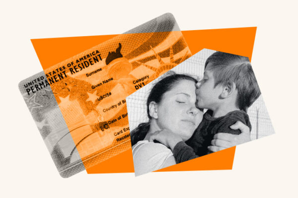 An illustrated collage of a woman and child embracing, and a US Permanent Resident card