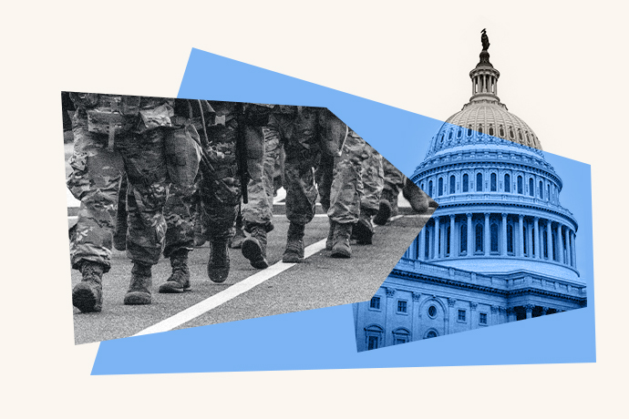 An illustrated collage of military personnel walking and the Capitol building