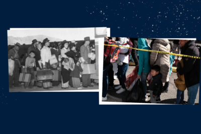 A collage of two photographs on a navy blue background—one black and white and one in color—depict American citizens of Japanese descent, including children, standing in line as they await relocation to internment camps during World War II.
