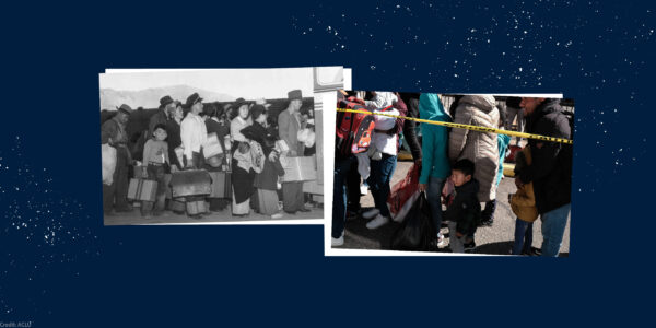 A collage of two photographs on a navy blue background—one black and white and one in color—depict American citizens of Japanese descent, including children, standing in line as they await relocation to internment camps during World War II.