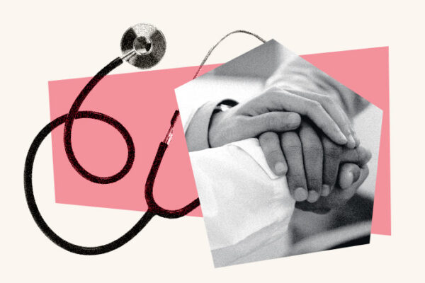 An illustrated collage of a stethoscope and people holding hands