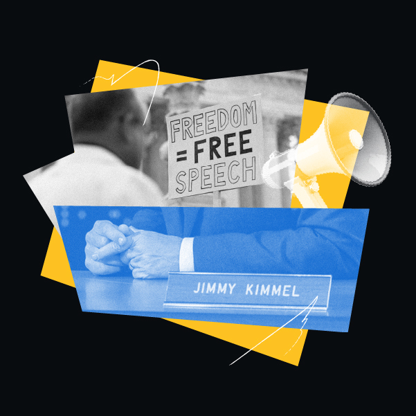 Freedom = Free Speech. Image of Jimmy Kimmel nameplate, protest, and a megaphone.