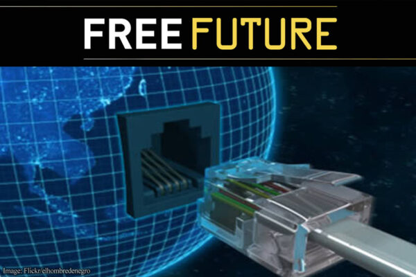 An ethernet cable plugging in to a computer-stylized globe