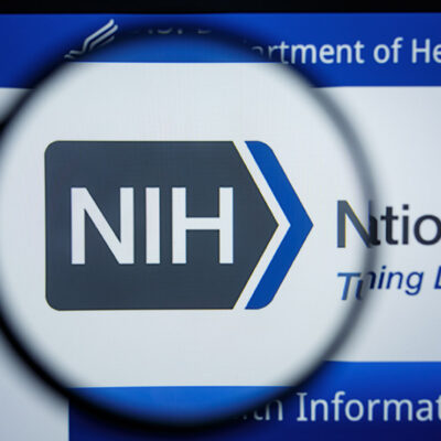 The The National Institutes of Health homepage with a closeup of its logo.