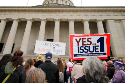 Supporters of Issue 1 attend a rally for the Right to Reproductive Freedom amendment held by Ohioans United for Reproductive Rights at the Ohio State House in Columbus, Ohio, Sunday, Oct. 8, 2023.