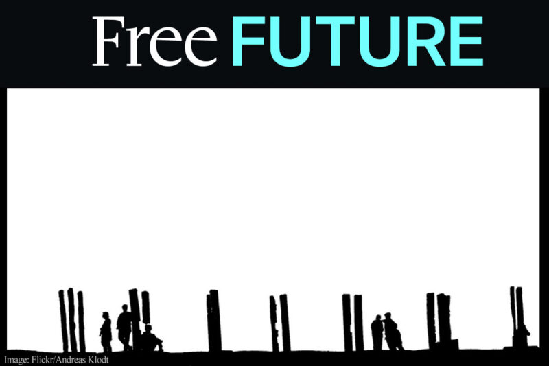 silhouette of people leaning against fenceposts that evoke a barcode