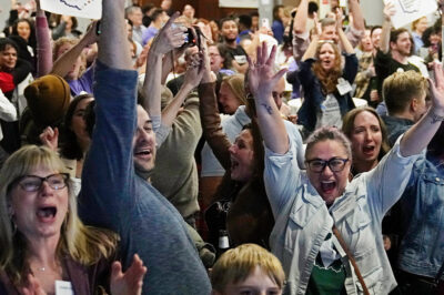 Issue 1 supporters cheer as they watch election results come in, Tuesday, Nov. 7, 2023, in Columbus Ohio. Ohio voters have approved a constitutional amendment that guarantees the right to abortion and other forms of reproductive health care. The outcome of Tuesday’s intense, off-year election was the latest blow for abortion opponents.